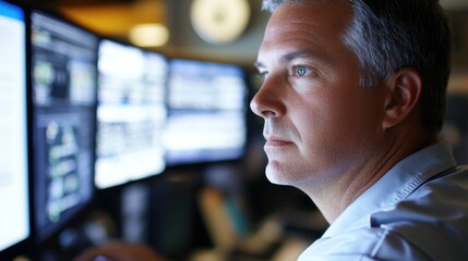Fototapeta premium Operations center worker managing emergency situation, analyzing complex data, multiple monitors showing crisis status, fast decisions for effective response
