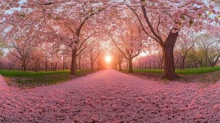 Light Pink Cherry Blossoms in Full Bloom, Ultra-Wide Lens, Spring at Sunrise, Creating Soft Lighting that Enhances The Delicate Pink Petals Against The Green petal rain, masterpiece, highres, 8K