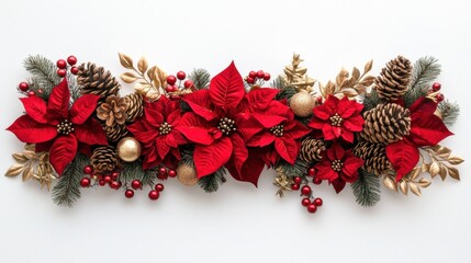 Christmas garland with red poinsettia, gold ornaments, pinecones, and berries on white background, festive holiday decor, elegant seasonal arrangement, warm winter celebration, enchanting theme