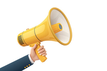 A bright yellow megaphone in hand, showcasing energy and urgency, perfect for grabbing attention or making bold statements, isolated on a transparent background