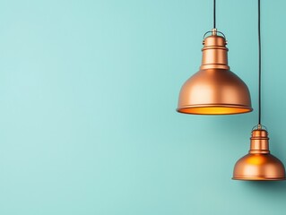 Obraz premium Two stylish copper pendant lamps hanging against a vibrant turquoise wall, creating a modern and inviting atmosphere.