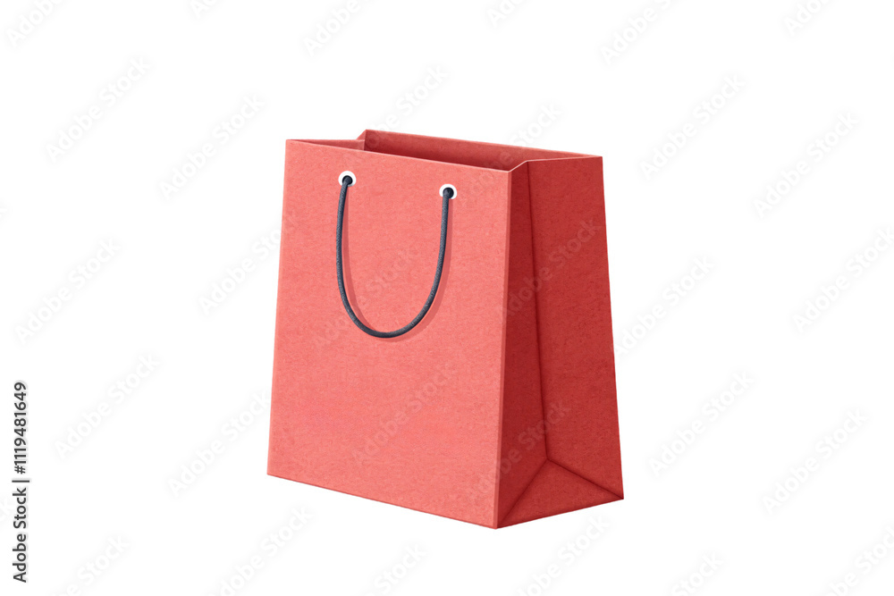 Poster a coral red bag with a minimalist design, featuring black rope handles and a smooth surface for simp