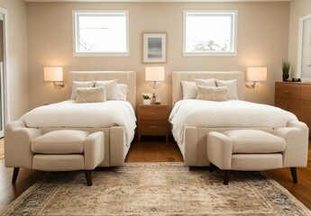 Elegant and Cozy Twin Bedroom Design Featuring Soft Color Palette, Comfortable Beds with Light Bedding, and Stylish Decor in a Modern Home Interior