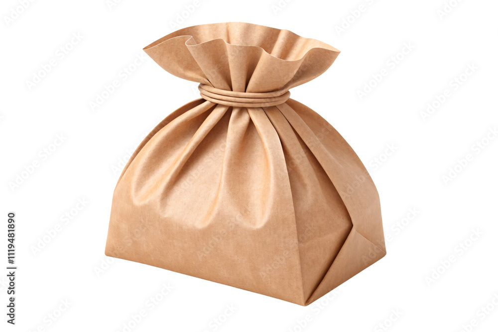 Poster a crumpled-top, drawstring-closed brown paper bag with a natural and textured appearance, simple yet