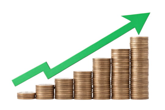 A green curved arrow rising above stacks of coins, signifying eco-friendly financial advancement or sustainable growth, isolated on a transparent background