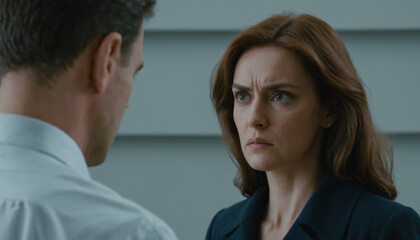 Woman angrily and surprisedly staring at a man during a conversation.