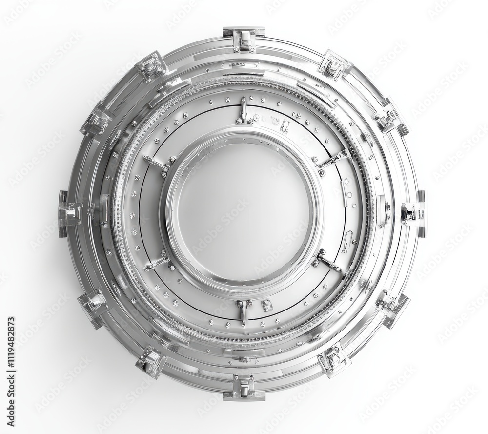 Poster futuristic metallic circular design with intricate patterns and clear central glass element highligh