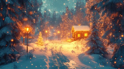 Illuminated cabin in snowy forest with glowing lights, peaceful winter night, holiday atmosphere, serene seasonal escape, magical Christmas ambiance, cozy tranquil surroundings