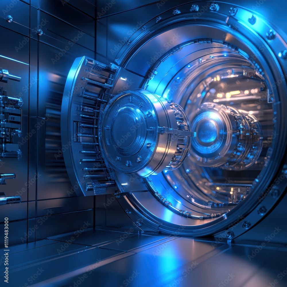Poster futuristic open safe with high-tech locks and glowing interior, showcasing advanced security feature