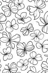 Seamless pattern of line art flowers and butterflies.