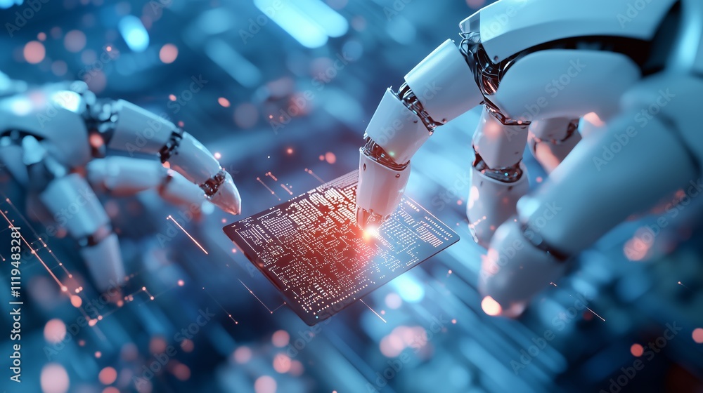 Poster robotic hands interacting with a microchip in a high-tech environment during a futuristic research s