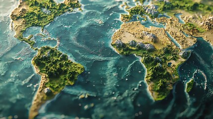 Detailed 3D map of Earth's continents and oceans, highlighting geographical features.
