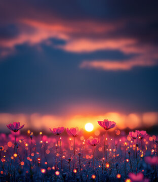 Enchanted Sunset &ndash; A Field of Flowers Illuminated at Blue Hour