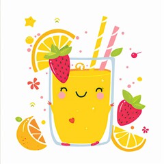 Cute lemonade with fruits illustration in cartoon style.	