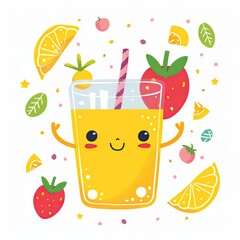 Cute lemonade with fruits illustration in cartoon style.	