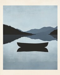 Serene lake landscape with a small boat peacefully floating on calm water, reflecting the mountains and sky.