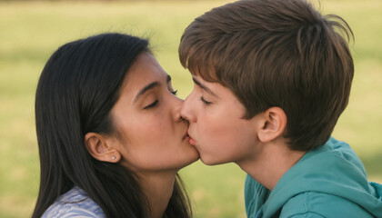 Boy and girl sharing their first kiss.