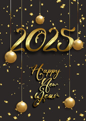 Happy New Year background with golden baubles and confetti design 