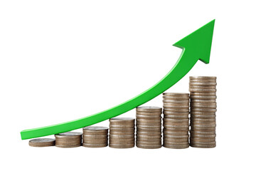 Coins in ascending height, overlaid with a jagged green upward arrow, symbolizing fluctuating yet positive financial progress, isolated on a transparent background