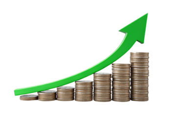 Coins in ascending height, overlaid with a jagged green upward arrow, symbolizing fluctuating yet positive financial progress, isolated on a transparent background