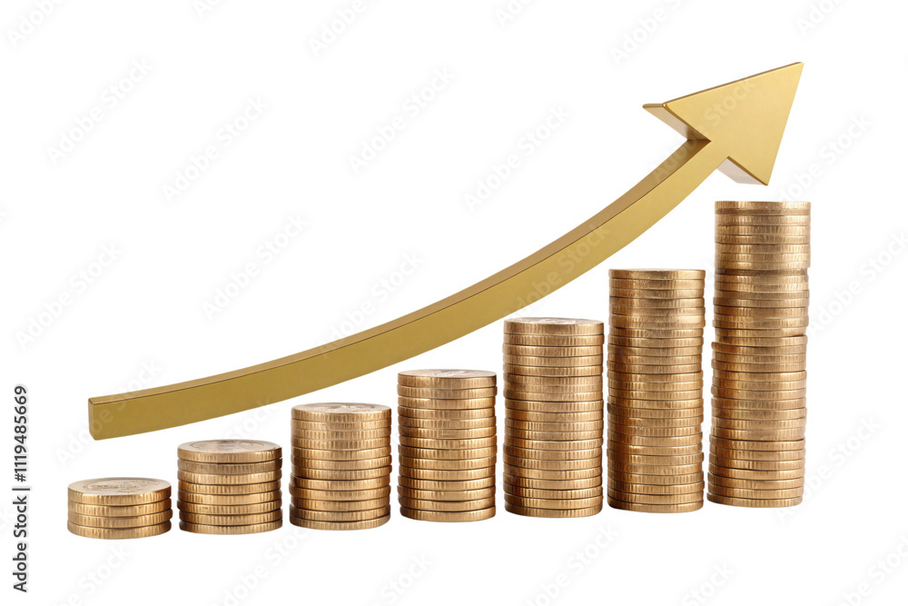 Poster increasing stacks of golden coins with a smooth upward green arrow, representing financial success a