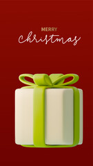 3d Vibrant modern Christmas gift in green and white on rich red background, perfectly capturing a festive mood. Vector illustration. Handwritten Merry Christmas text