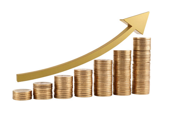 Increasing stacks of golden coins with a smooth upward green arrow, representing financial success and growth with an environmentally positive connotation, isolated on a transparent background