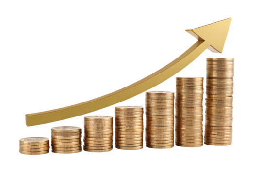 Increasing stacks of golden coins with a smooth upward green arrow, representing financial success and growth with an environmentally positive connotation, isolated on a transparent background