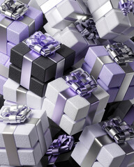 A 3D render of a holiday background with overlapping cube-shaped gift box ornaments