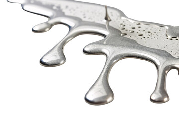 Shiny silver liquid with reflective surfaces dripping in unique patterns, evoking futuristic themes, modern art, or premium metallic design aesthetics, isolated on a transparent background
