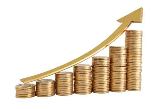Piles of golden coins arranged in increasing height, with a smooth upward-curving golden arrow indicating consistent progress, isolated on a transparent background