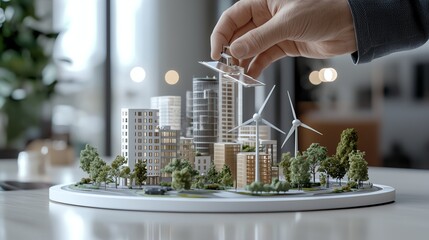 Hand arranging miniature sustainable city model with buildings and wind turbines indoors.