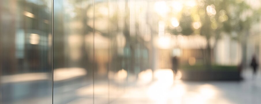 Blurred modern building exterior reflecting warm sunlight and trees