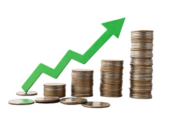 Stacks of coins rising in height alongside a jagged green upward arrow, representing economic growth, investment success, or financial recovery, isolated on a transparent background