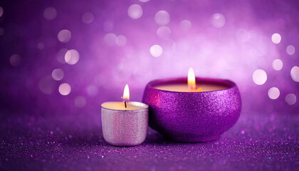 Glowing purple candles on sparkling surface with soft bokeh background