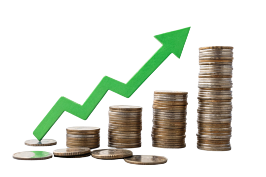 Stacks of coins rising in height alongside a jagged green upward arrow, representing economic growth, investment success, or financial recovery, isolated on a transparent background