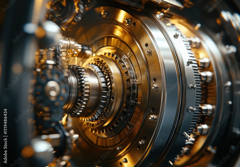 Poster intricate close-up of a metallic gear assembly showcasing the complexity of mechanical engineering a