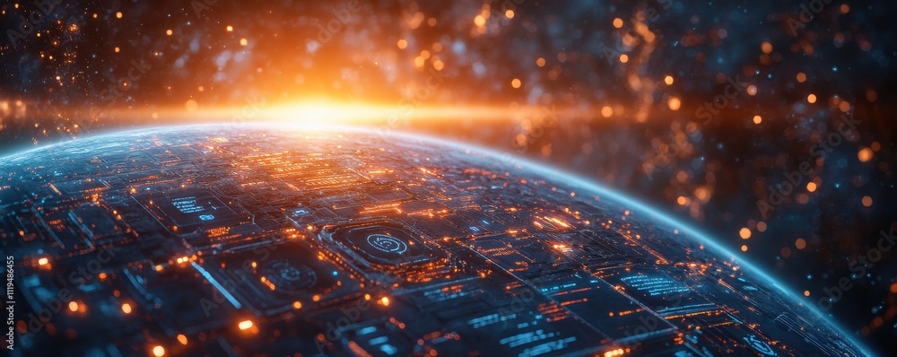 Aufkleber futuristic ai interface with glowing circuit design on planet
