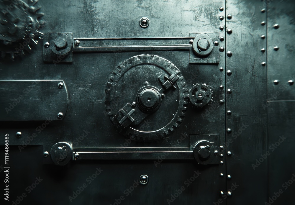 Aufkleber intricate close-up of industrial gear mechanism on a metallic surface with a grungy texture, highlig