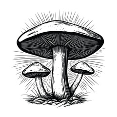 Hand-Drawn Vintage Mushroom Illustration in Black and White Engraved Style