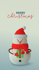 Cheerful 3D snowman in red hat and scarf, holding green gift. .Set against pastel background Vector illustration. Handwritten Merry Christmas text