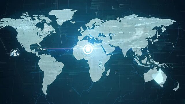 Mapa świata z liniami łączącymi r&oacute;żne punkty, symbolizująca globalną sieć połączeń cyfrowych. Dynamiczne linie i punkty na tle mapy obrazują technologię internetu i komunikację w skali globalnej.