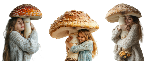 Young woman embraces large edible mushroom smiling joyful moment transparent background