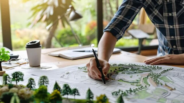 Woman landscape designer working in office with plans on paper with coffee