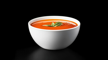 Delicious tomato soup in white bowl with basil garnish on black background