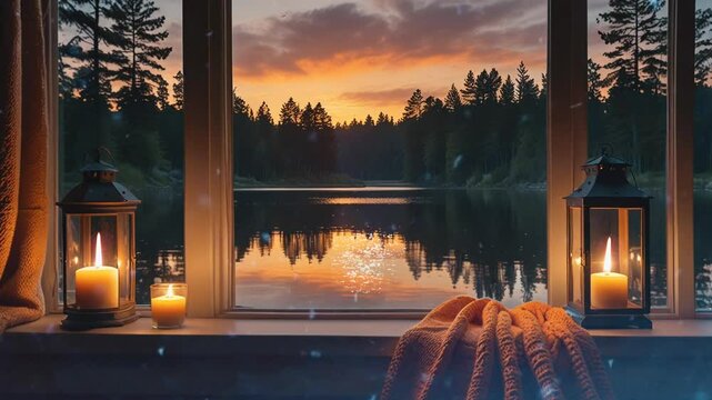 Enjoy the beauty of sunset with Lanterns and candles lit in the window. 4k time lapse video background that loops infinitely