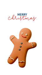 Cheerful 3D gingerbread man illustration with icing details and a festive Merry Christmas message, perfect for evoking holiday warmth and joy in seasonal designs. Vector illustration