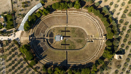 Aerial perpendicular view of the Roman amphitheater of Lucera, in the province of Foggia, Puglia,...