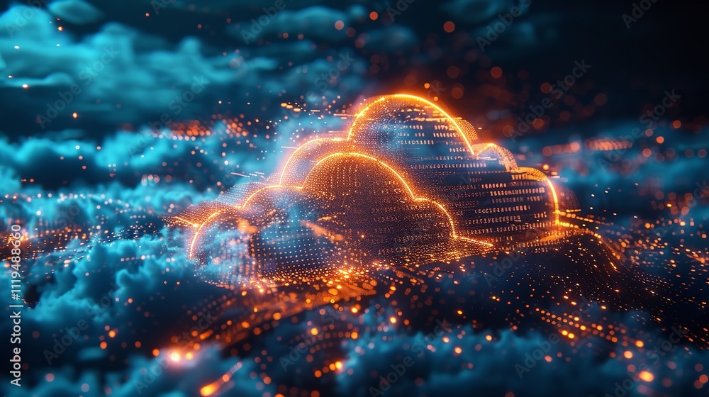 Poster digital informational technology web futuristic hologram with cloud icon, blue golden light digits a