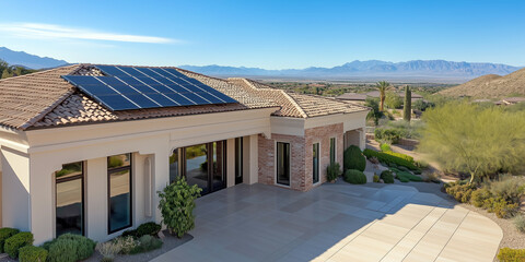 Fototapeta premium Modern desert home with solar panels and mountain views